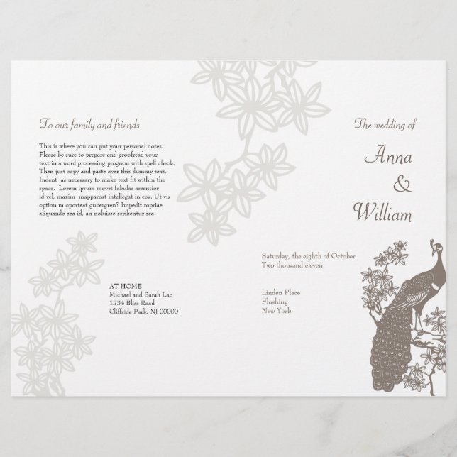 Volante del programa de casamiento por pavo real (Anverso)