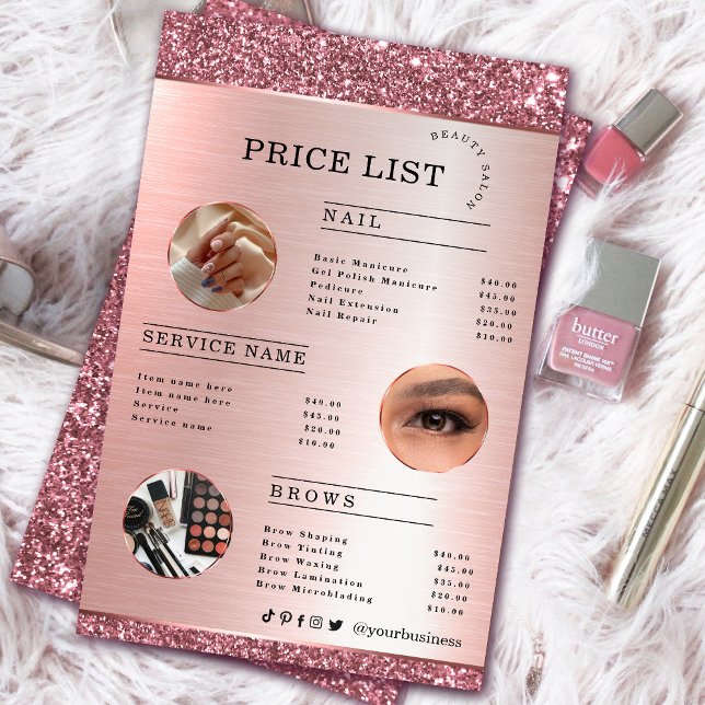 Volante del Purpurina de oro del artista de maquil (Makeup Artist Rose Gold Glitter flyer #zazzlemade #rosegold #pricelist #pinkflyer #glam #sparkle)