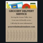 Volante del servicio de entrega de alimentos, tira<br><div class="desc">Infórmese sobre su negocio de compra de comestibles y entrega de alimentos con un llamativo volante. Este folleto presenta un ilustracion de fondo de una tienda de comestibles o una bolsa de papel marrón de supermercado o un saco lleno de artículos de comida con mucho espacio para que usted describa...</div>