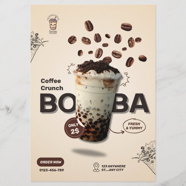 Volante Editable de Café de Boba Tea, Menú de Pequ (Frente)