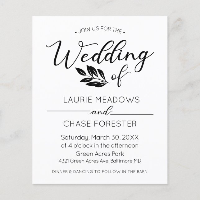 Volante mínimo de invitación a matrimonio presupue (Frente)