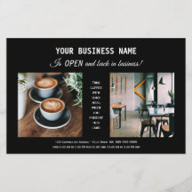 Volante promocional de reapertura de negocios negr