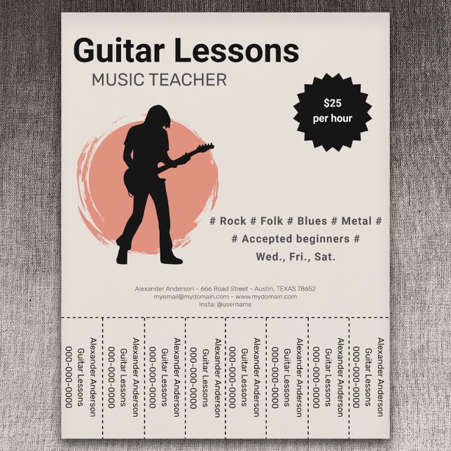 Volantes de Lecciones de Guitarra Eléctrica con Ti (Electric Guitar Lessons Tear Off Strips Flyer)