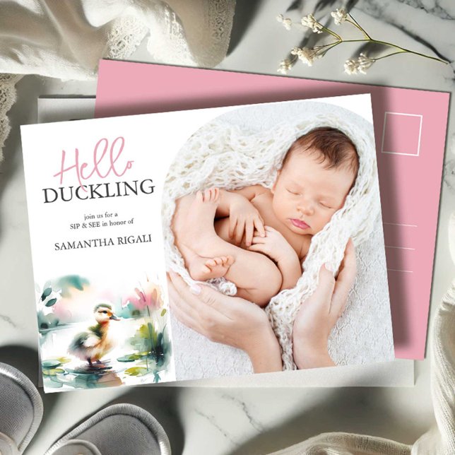 Volcar invitaciones Sip y ver Chica de Baby Shower (Sip and see pink girl watercolor duck and photo by Victoria Grigaliunas of Do Tell A Belle)