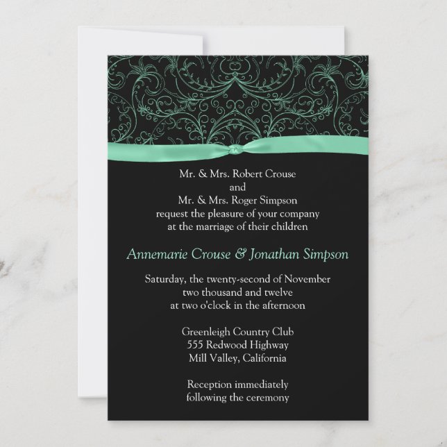 Volutas de la verde menta e invitación de la boda (Anverso)