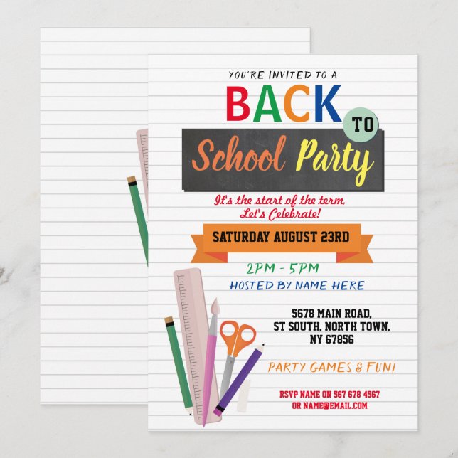 Volver A La Escuela Fiesta Invitación estacionaria (Anverso / Reverso)