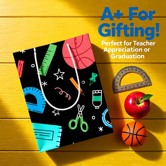 Volver a la escuela suministros negros bolsa de re (Colorful School Supplies Doodle Back-to-School Medium Gift Bag)