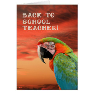 Volver a la tarjeta de profesor escolar con loro
