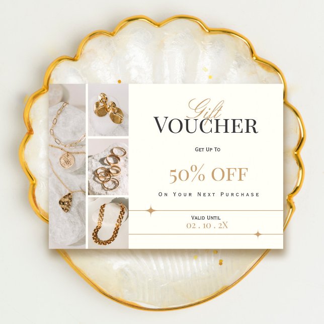 Voucher de regalo elegante para joyas | Tarjeta de (Elegant Jewelry Gift Voucher | Gold Discount Card #voucherjewerly #addphotos #promo #discountcard)