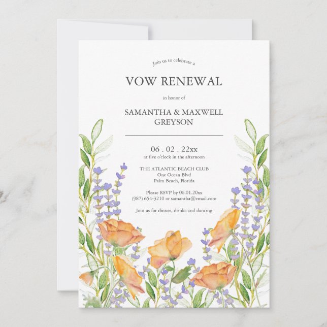 Vow Invitaciones de renovación acuarela Floral (Anverso)