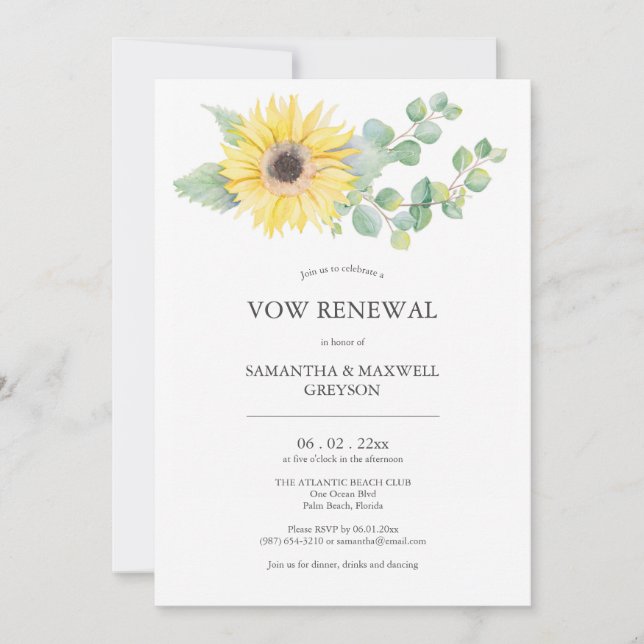 Vow Invitaciones de renovación acuarela Girasol (Anverso)