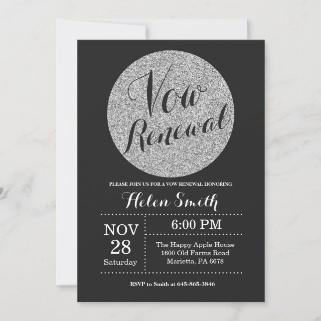 Vow Renewal Black and Silver Purpurina Invitación (Anverso)