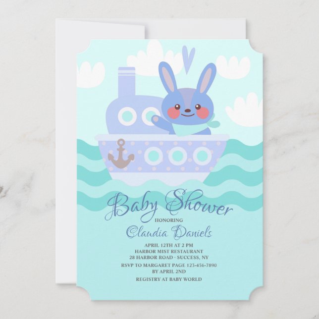 Voyager Bunny Shower Invitación Azul (Anverso)