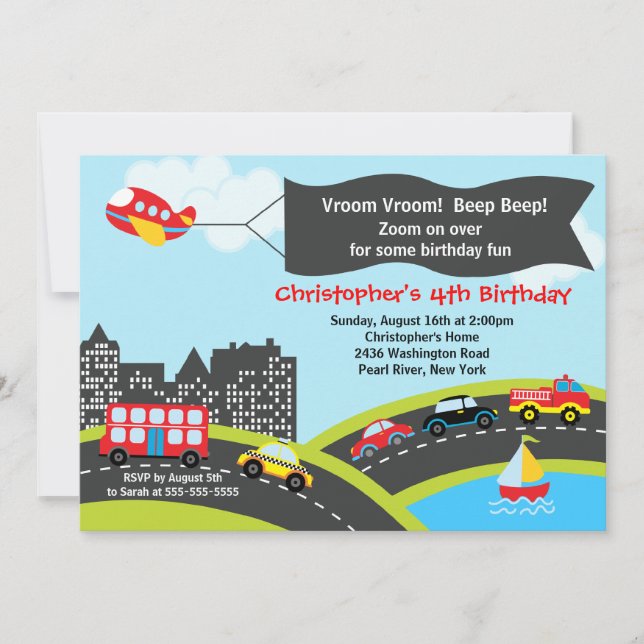 Vroom invitación de la fiesta de cumpleaños de los (Anverso)