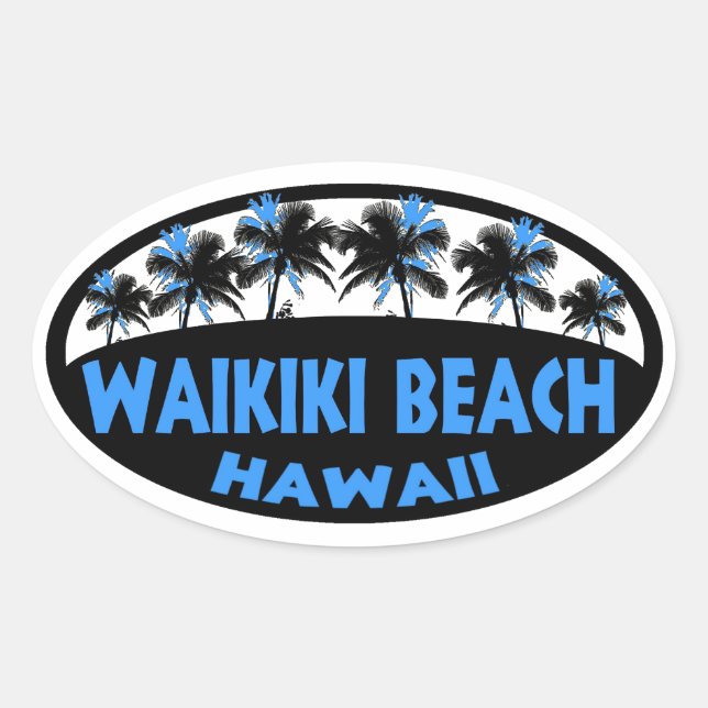 Waikiki Beach Hawaii azul palmas negras pegatina o (Anverso)