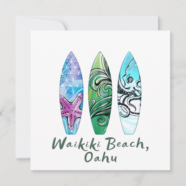 Waikiki Beach Oahu Watercolor Surfboards Square (Anverso)