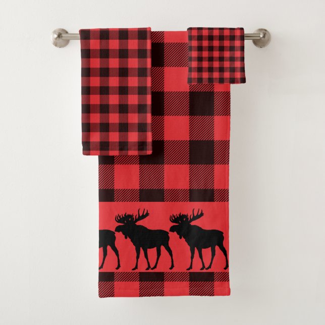 Walking Moose Silhouette Red Black Plaid Pattern  (In situ)