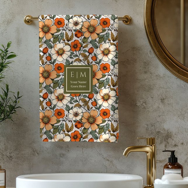 Warm Autumn Flowers Terracotta Rust Bath Towels  (Warm Autumn Flowers Terracotta Rust Bath Towel)