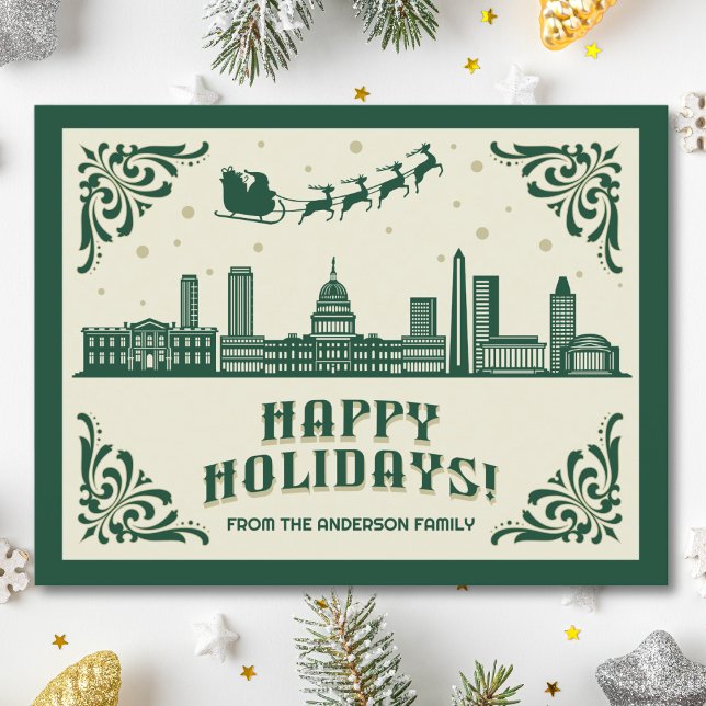Washington, DC Skyline - Feliz tarjeta postal de v (Happy Holidays Washington, DC skyline cityscape christmas postcard customizable real estate Santa )