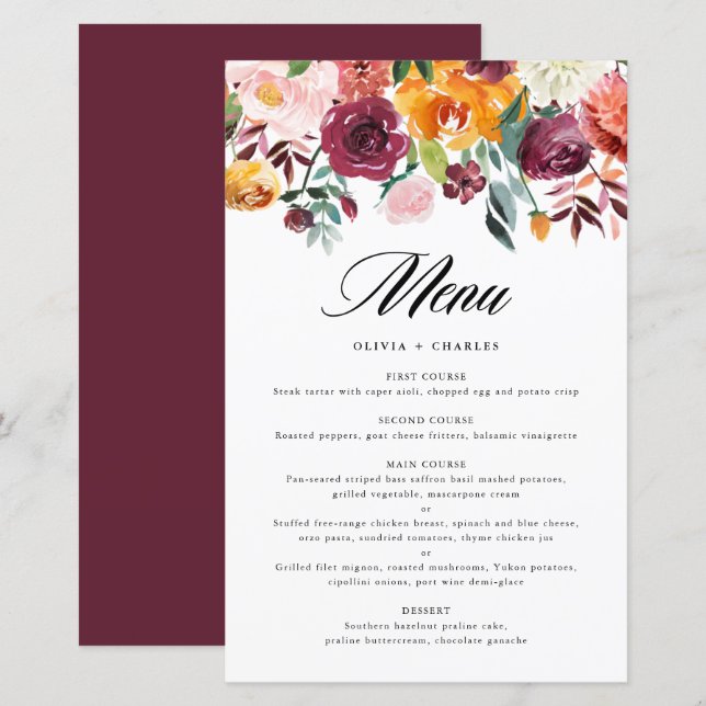 Watercolor Autumn Floral Fall Wedding Menu Card (Anverso / Reverso)