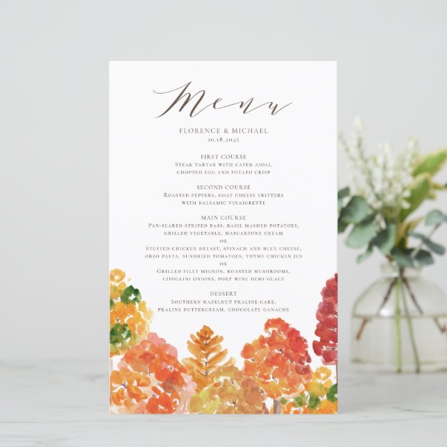 Watercolor Autumn Woodlands Fall Wedding Menu Card (Anverso de pie)