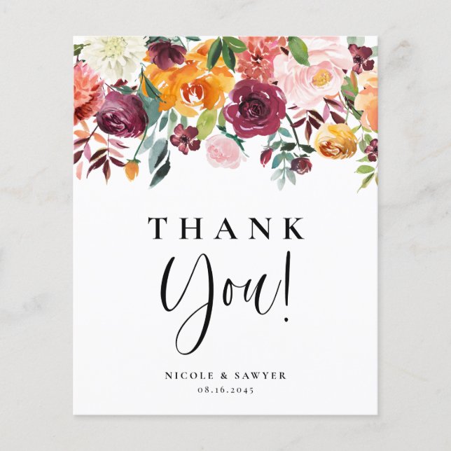 Watercolor Autumoms Blooms Floral Gracias Tarjeta (Anverso)