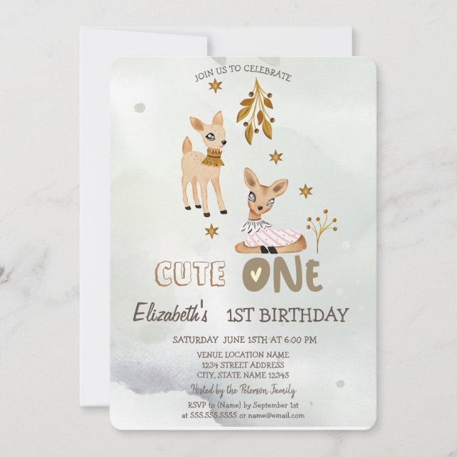 Watercolor Baby Deer Green Primera invitación (Anverso)