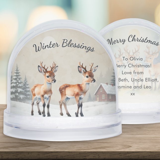 Watercolor Baby Reindeer Personalized Christmas (A Christmas snow globe with picture of baby reindeer, and customizable text on the back)