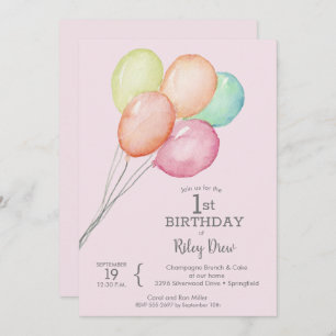 Watercolor Balloons Pink 1st Birthday Invites