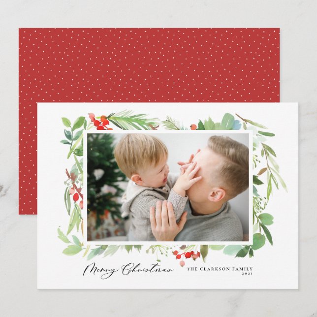 Watercolor Berries Green Frame Feliz Navidad (Anverso / Reverso)