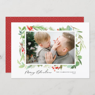 Watercolor Berries Green Frame Feliz Navidad