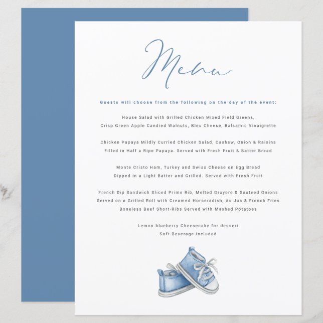 Watercolor Blue Baby Shoes Menú Baby Shower (Anverso / Reverso)