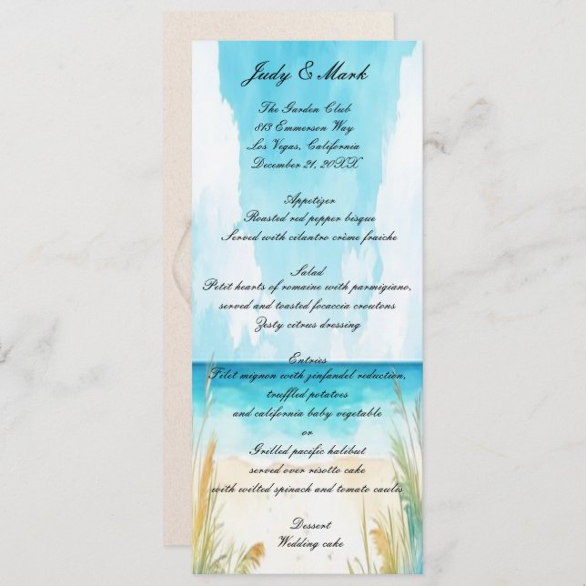 Watercolor Blue Ocean Beach Wedding Menu (Anverso / Reverso)