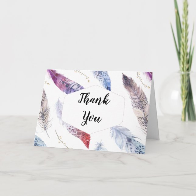 Watercolor Boho Feathers - Tarjeta de agradecimien (Anverso)