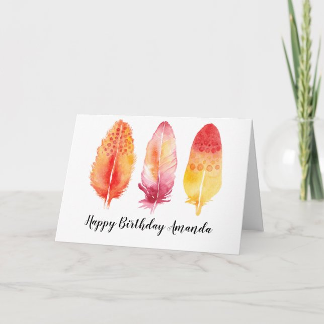 Watercolor Boho Feathers - Tarjeta de cumpleaños P (Anverso)
