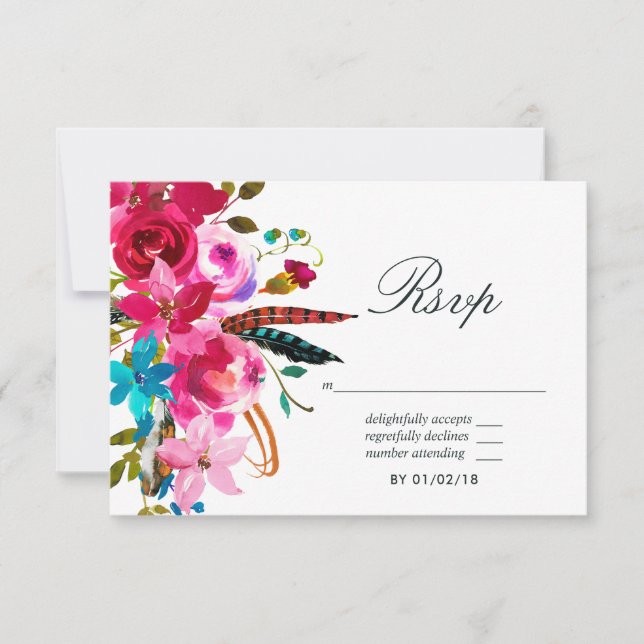 Watercolor Boho Moda Boda Floral RSVP (Anverso)