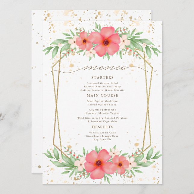 Watercolor Boho Pink & Ivory Green Floral Menu (Anverso / Reverso)
