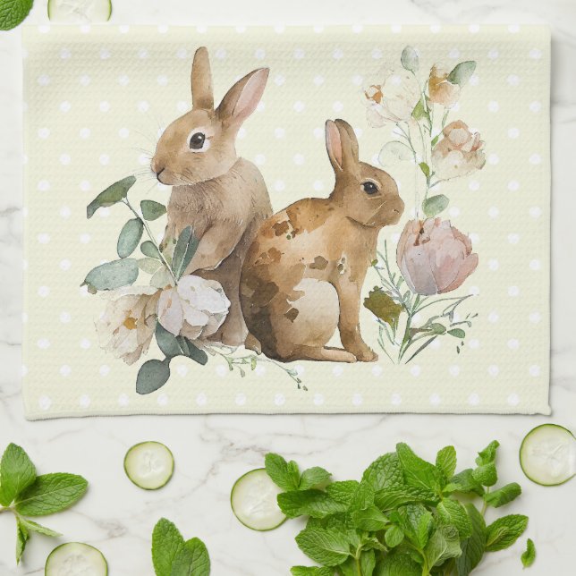 Watercolor Bunny rosas Kitchen Toalla (Doblado)
