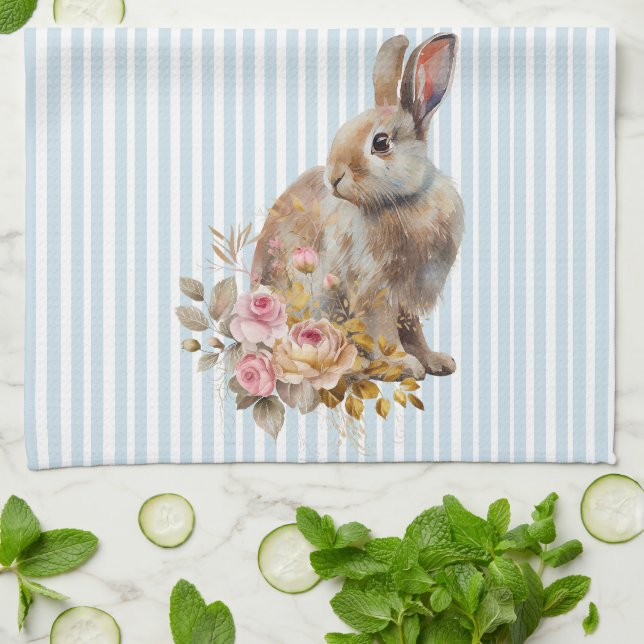 Watercolor Bunny rosas Kitchen Toalla (Doblado)