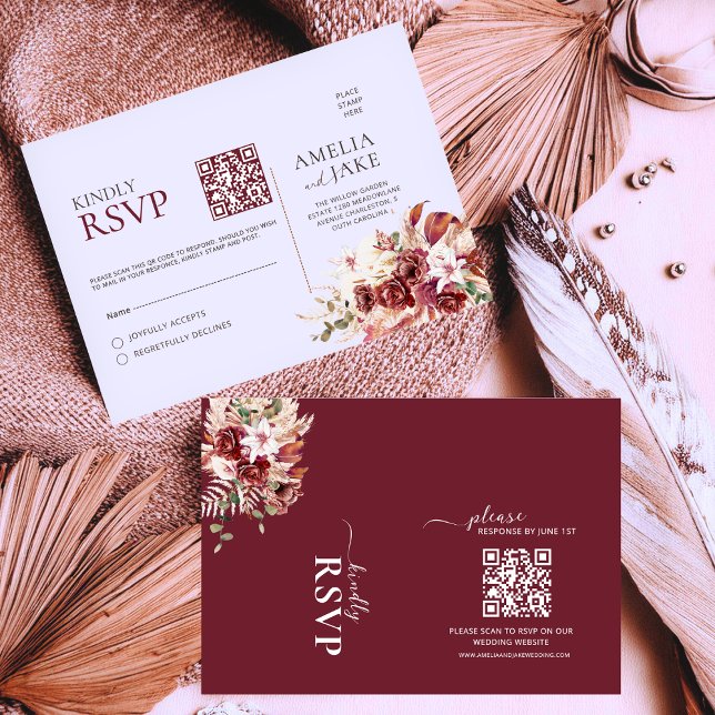 Watercolor Burgundy Blush Gold QR Wedding RSVP (Subido por el creador)