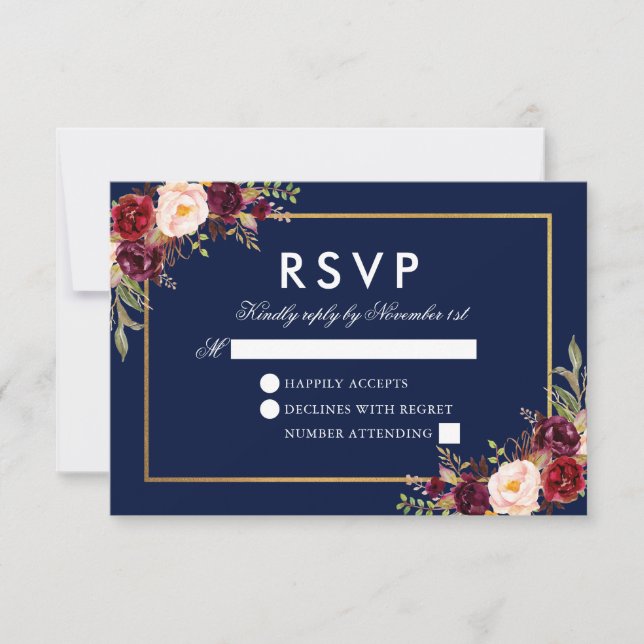 Watercolor Burgundy Floral Blue Gold RSVP (Anverso)
