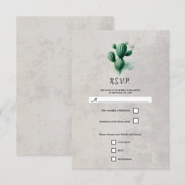 Watercolor Cactus Green Boda Gris de Piedra RSVP (Anverso / Reverso)