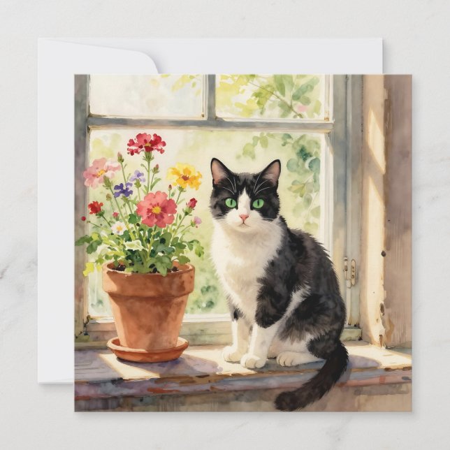 Watercolor Cat and Flower Themed Blank (Anverso)