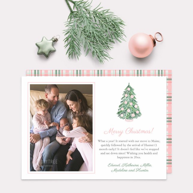 Watercolor Chinoiserie rosa Fotos de navidad (Sweet pink chinoiserie decorated holidays tree & space for family photo. Pink / green plaid reverse)