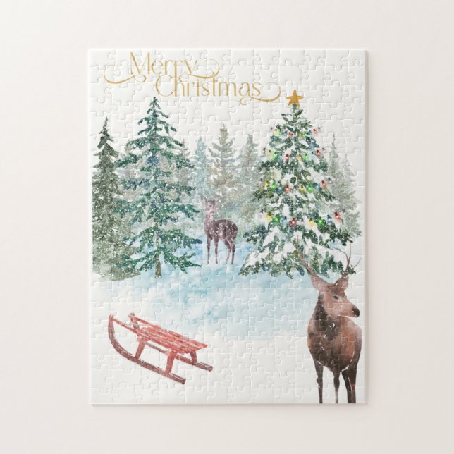 Watercolor Christmas Deer Puzzle (Vertical)