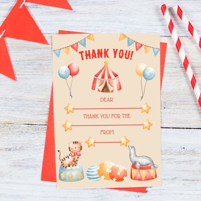 Watercolor Circus Animals Birthday Gracias Tarjeta (Subido por el creador)