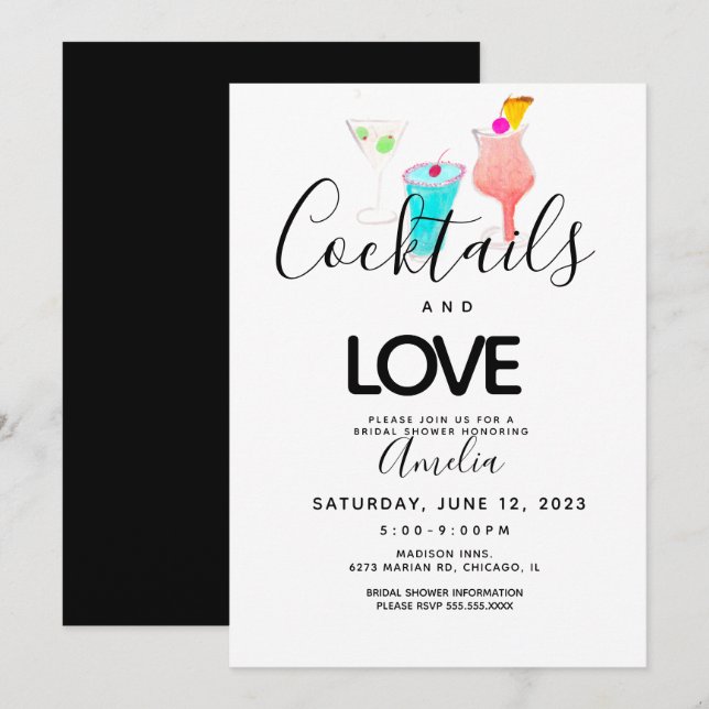 Watercolor Cocktails Art Bridal Shower Invitación (Anverso / Reverso)