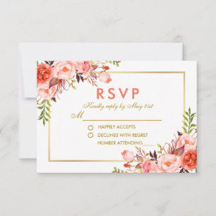 Watercolor Coral Floral RSVP Gold Boda