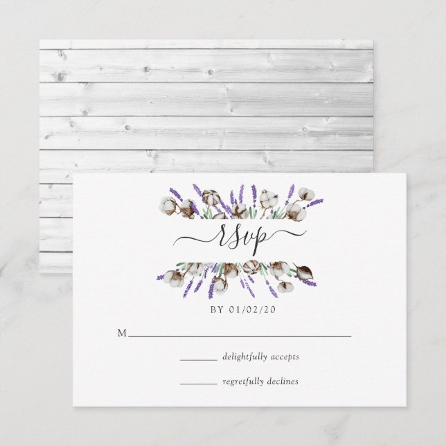 Watercolor Cotton Lavender Country Wedding RSVP Ca (Anverso / Reverso)