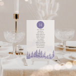 Watercolor de Boda de Invierno por Tabla de Asient<br><div class="desc">Tabla de asientos de la tabla de bodas de invierno con el número y la lista de invitados. Diseño de acuarela escénica en tonos lavanda y gris. El paisaje montañoso de la nieve está rodeado de pinos. El número de tabla y la lista de asientos de invitados son editables y...</div>